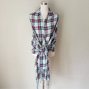 Gap Plaid Viscose Blue/Purple Fringe Scarf Wrap One Size